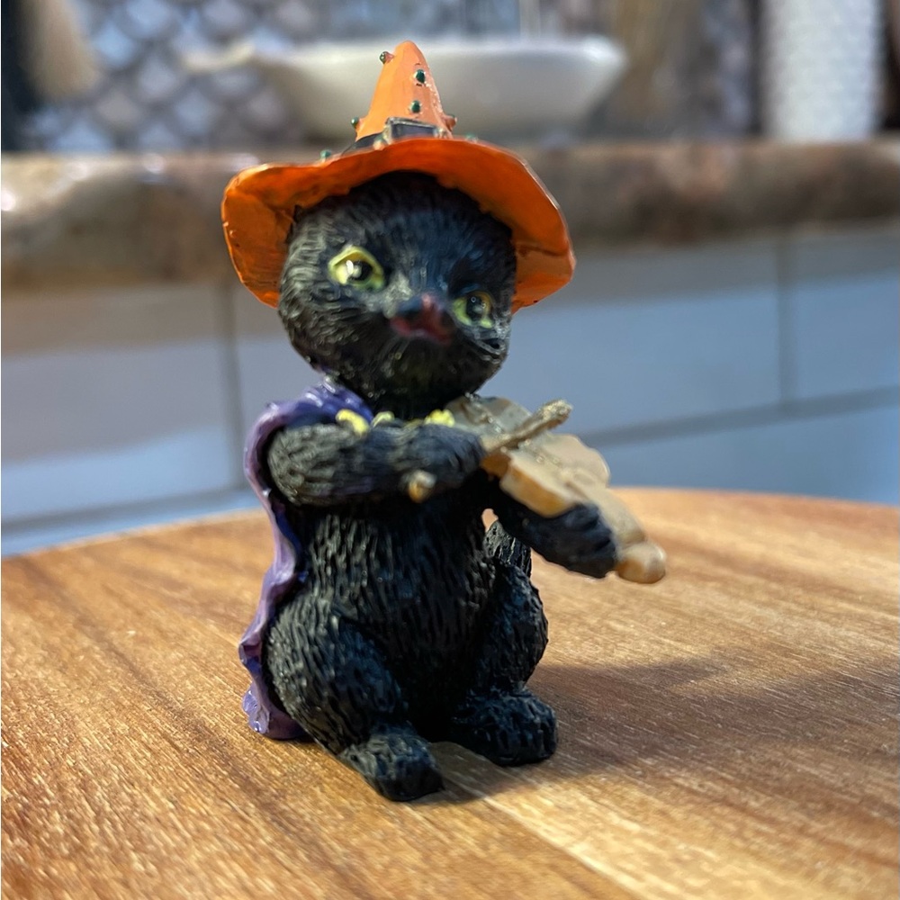 Black Cat Halloween Figurine Playing a Violin or a Fiddle. 2 1/2” tall Vintage